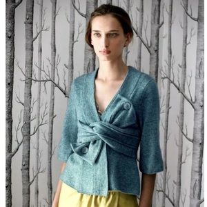 Anthropologie Robin Kimono Twist Button Sweater Blue Wool Blend Origami Medium